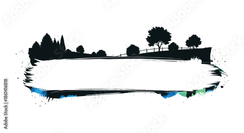 A dynamic brushstroke landscape featuring silhouetted trees a distant horizon and a vibrant color scheme