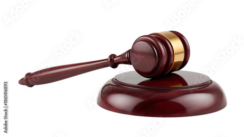 Gavel on sound block in dark wood with gold band in formal courtroom setting for law and justice themes