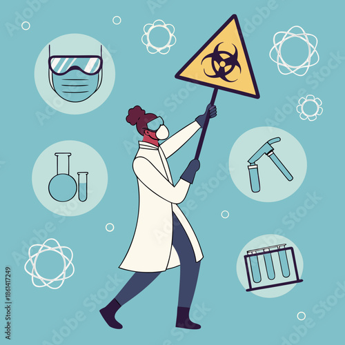 Scientist holding biohazard sign