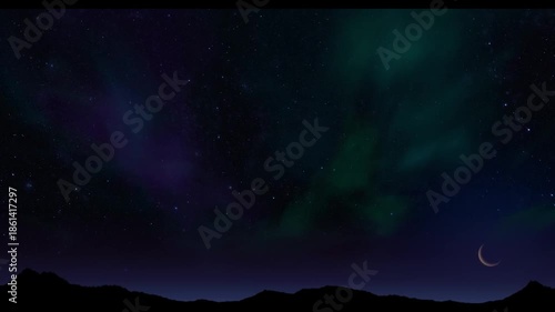 Aurora borealis glowing across a star filled night sky with meteor streak, crescent moon above dark mountain horizon creating calm mysterious atmosphere, nature wonder, astronomy, serenity cosmic 