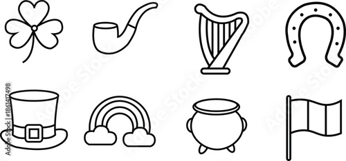 St Patricks Day icons line art collection symbols shamrock