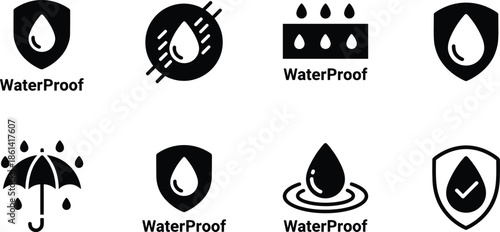 Professional waterproof and moisture protection icon set featuring water drop shield symbols, umbrella rain weather icons, and hydrophobic material surface resistance graphic elements.