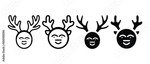Cute Reindeer Face Icons with Antlers Line Art and Silhouette Styles.