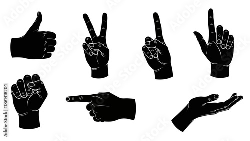 Collection of Black Silhouette Hand Gestures Isolated on White Background.