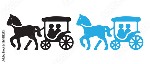 Horse Drawn Carriage Icon Set. Silhouette and Blue Vector Illustration.