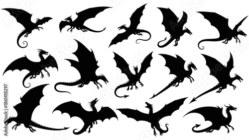 Collection of mythical flying dragon silhouettes in various poses.