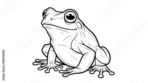 Detailed Line Art Drawing of a Frog on a White Background.