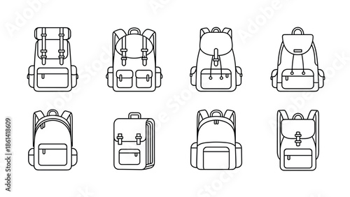 Detailed line drawings of various backpacks and luggage, Generative AI.