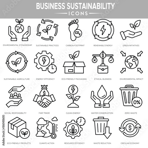 Business sustainability icon set illustrating eco-friendly corporate strategy and environmental responsibility.