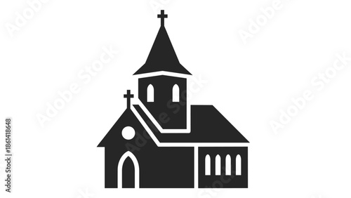 Simple black silhouette of a church with steeple and cross, Generative AI.
