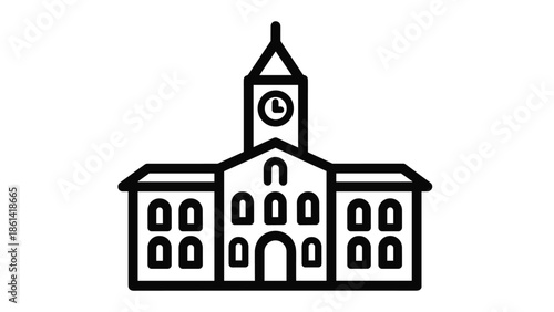 Simple line drawing of a classic school building with clock tower, Generative AI.