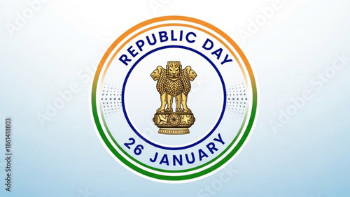 Republic day india 26 january celebration emblem with lion statue and tricolor gradient background