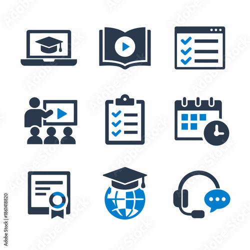 Online education icons set: laptop, graduation, checklist, calendar, certification