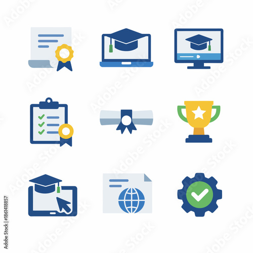 Online education icon set featuring diploma, trophy, cap, and checkmark symbols