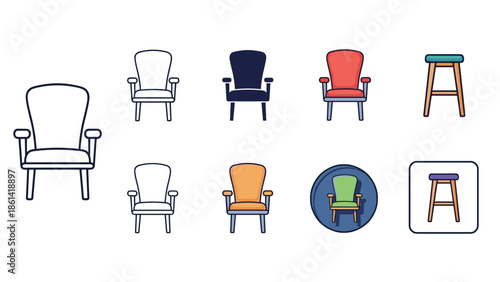 Collection of colorful chairs and stools in various styles and designs, Generative AI.