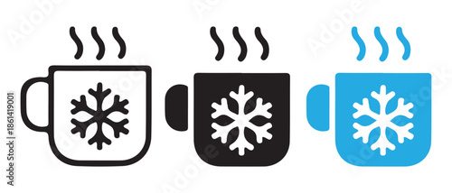 Hot Chocolate Mug Icons. Snowflake Design, White, Black, Blue Variations.