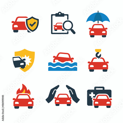 Car insurance icons set with protection symbols and safety measures