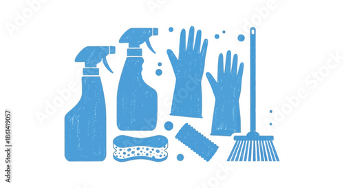 A collection of blue cleaning supplies including spray bottles gloves a mop and sponge