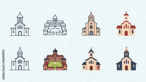 Collection of diverse church buildings and cathedrals in various styles, Generative AI.