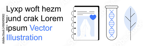 Genetics, science education, biotechnology, DNA analysis, research, environmental studies. DNA strand, notebook with heart symbol leaf. Genetics and biotechnology concept