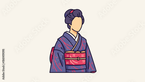 Elegant woman in traditional Japanese kimono with red obi, Generative AI.