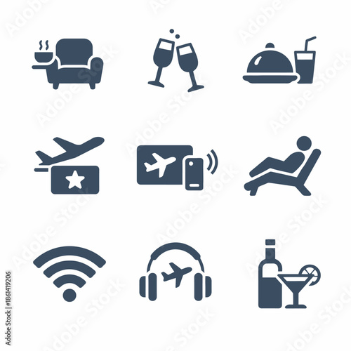 Travel and leisure icons set: lounge, dining, flight, wi-fi, headphones, drinks