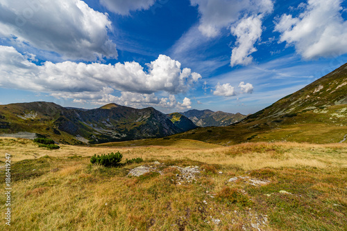 A panoramic view of vast mountain meadows and jagged rocky peaks in the High Tatras National Park. Captured near Hladke sedlo, showcasing the wild beauty of the Slovak mountains under a cloudy sky.