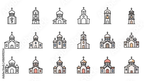 Collection of various church and bell tower illustrations, Generative AI.