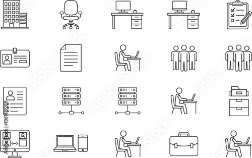 Minimalist business and office workspace thin line icon set featuring professional management symbols, corporate teamwork concepts, computer workstation equipment,