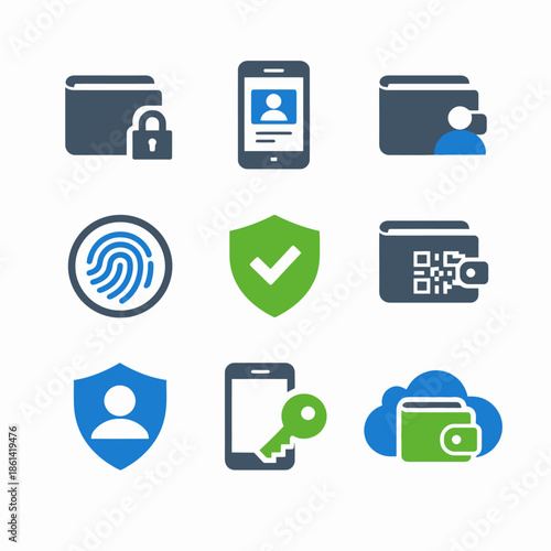 Digital security icons: mobile, fingerprint, qr code, shield, wallet, cloud, lock