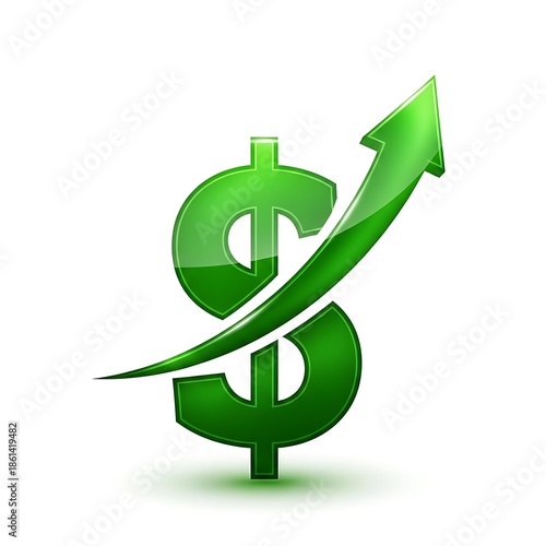 An icon showing financial success with a rising arrow moving through a bright green dollar symbol.