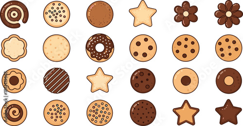 Cartoon cookie icons, assorted shapes and toppings, chocolate swirl icing floral designs, sweet snack set, flat vector illustration
