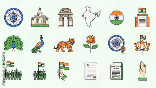 Indian cultural symbols collection including ashoka chakra, monuments, peacock, tiger, lotus, and national flag elements on white background