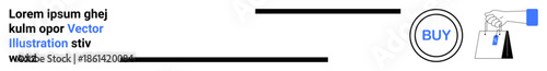E-commerce, digital payments, online shopping, retail experience, user interfaces, business transactions. Hand pointing to a buy button and bag. E-commerce and digital payments concept