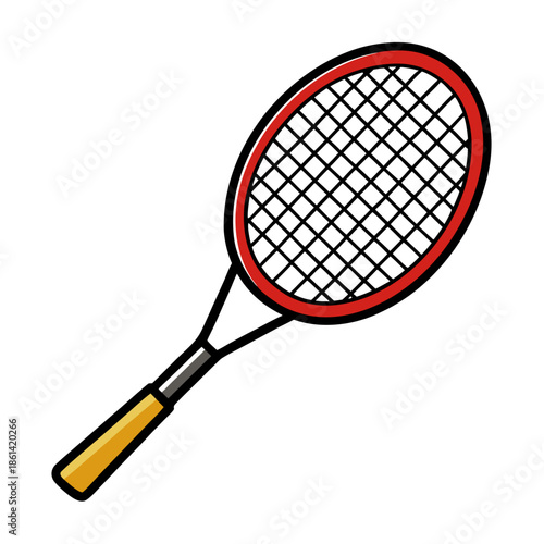 Vibrant red tennis racket with yellow handle on white background