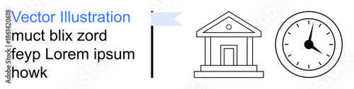 Time management, public service, government institutions, office schedules, punctuality, organization. A building with classical columns and a detailed clock. Time management and public service