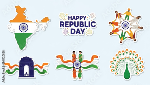 India republic day celebration illustration with map, people, monument, and peacock on light green background