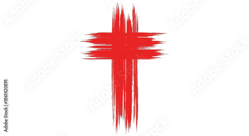 A bold vibrant red cross depicted with rough brushstrokes on a clean white background symbolizing faith