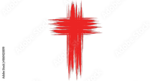 A striking image of a bold red cross formed with textured brushstrokes against a clean white background
