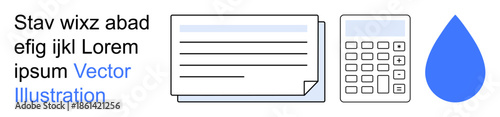 Finance, sustainability, education, data management, math learning, water conservation. A document, calculator and water drop icon. Finance and sustainability concepts highlighted