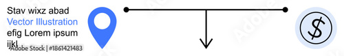 Financial navigation, budgeting, location services, business logistics, economy, monetization. Blue location pin linked to a currency symbol by an arrow. Financial navigation and budgeting concept