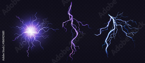 Realistic purple lightning bolts and thunder strikes on a dark transparent background.
