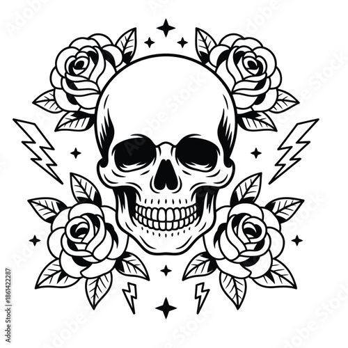 Gothic skull with roses and lightning bolts illustration.