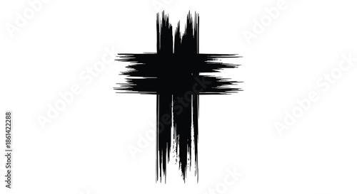 A minimalist depiction of a black cross formed by rough brushstrokes on a stark white background