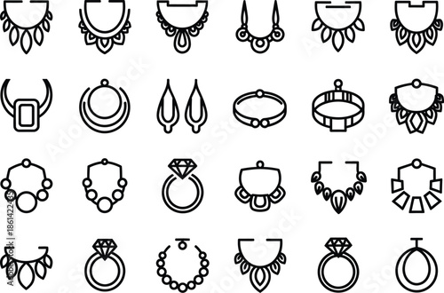 Collection of simple black line jewelry icons vector.