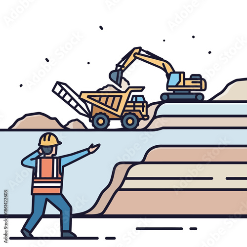 Construction worker directing heavy machinery in a quarry site.