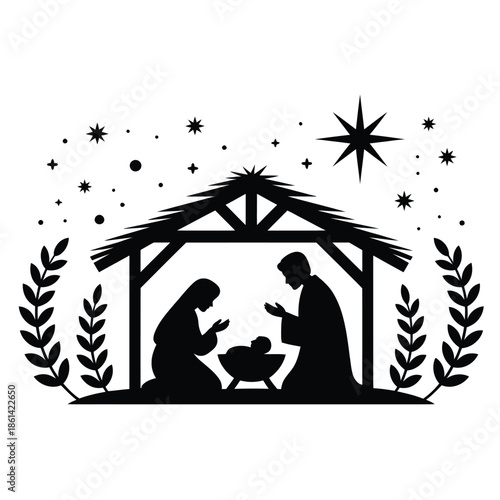 Silhouette Nativity Scene Holy Family Manger Christmas Celebration.