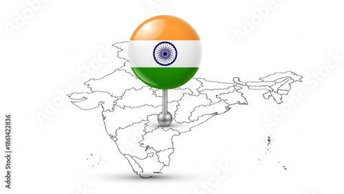 Map of india with flag pin marker on a white background, travel concept illustration