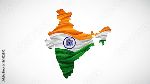 Map of india with waving indian flag colors and ashoka chakra symbol on white background