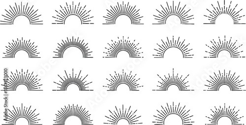 Vintage starburst, star burst, light ray, sun ray, sunburst shapes, bursting sun rays, set of vintage hand drawn sunburst rays design elements, sparkle elements, vector classic boho logo line set